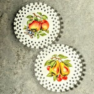 Vintage Fruit Themed Decorative Plate Set with Pierced Lattice Rim Cottagecore